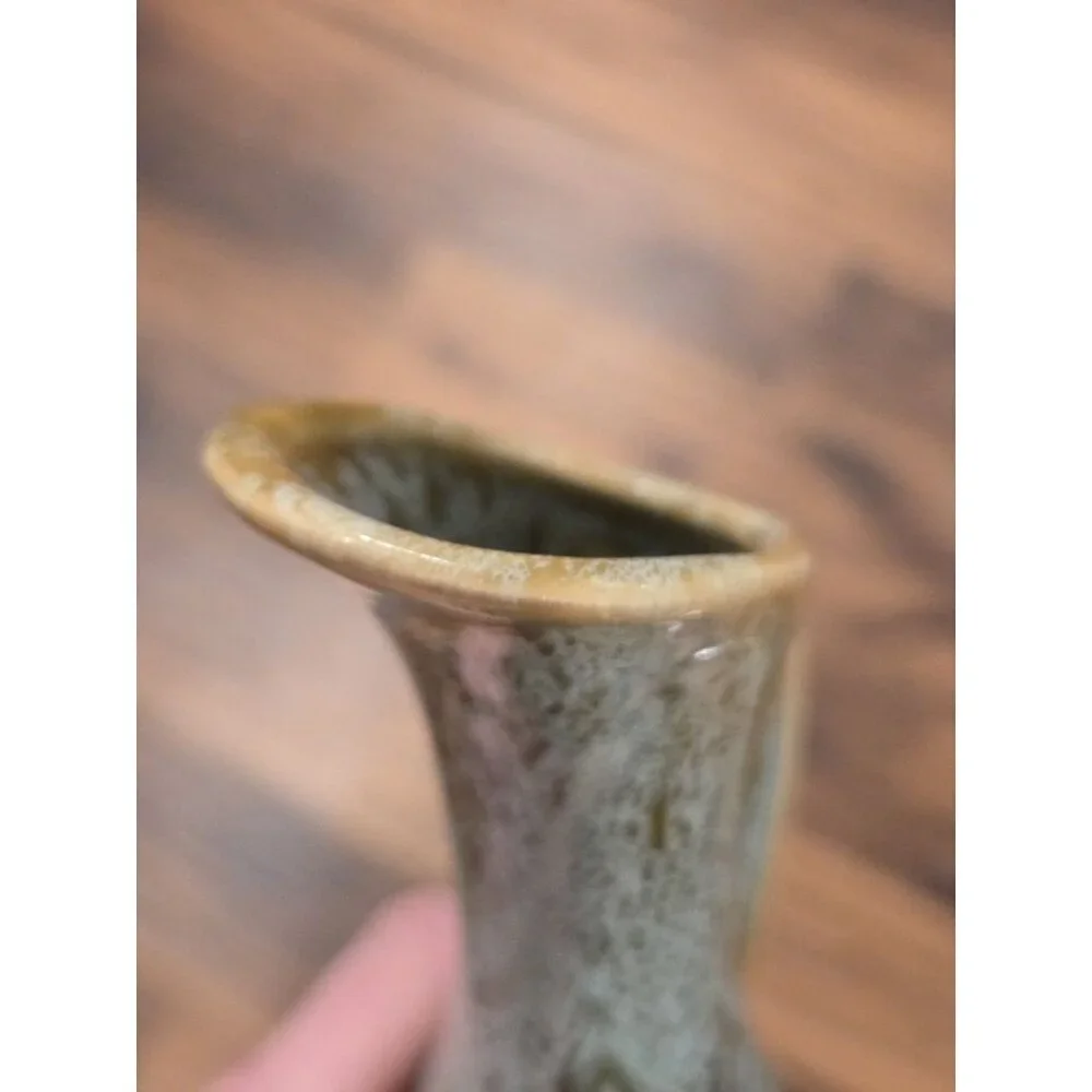 Vintage USA Drip Glaze Pottery Ewer Vase Olive Green Aqua MCM 9” Pitcher
